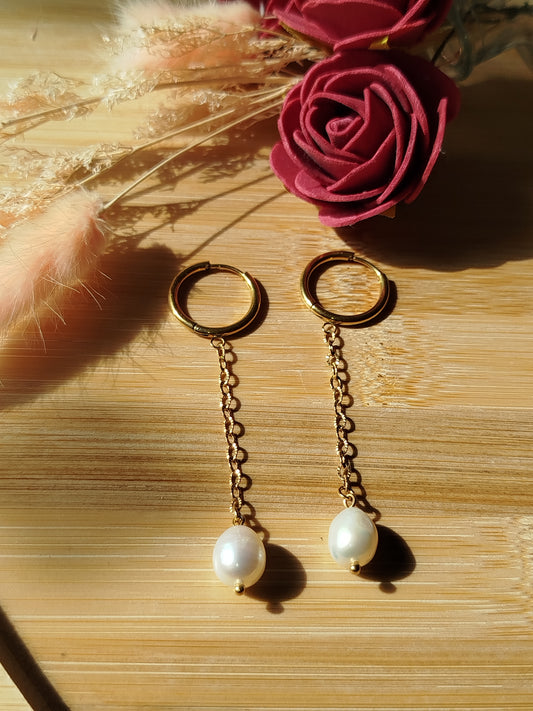 Boucles doreilles creoles en acier inoxydable et pendentif perles de culture d'eau douce