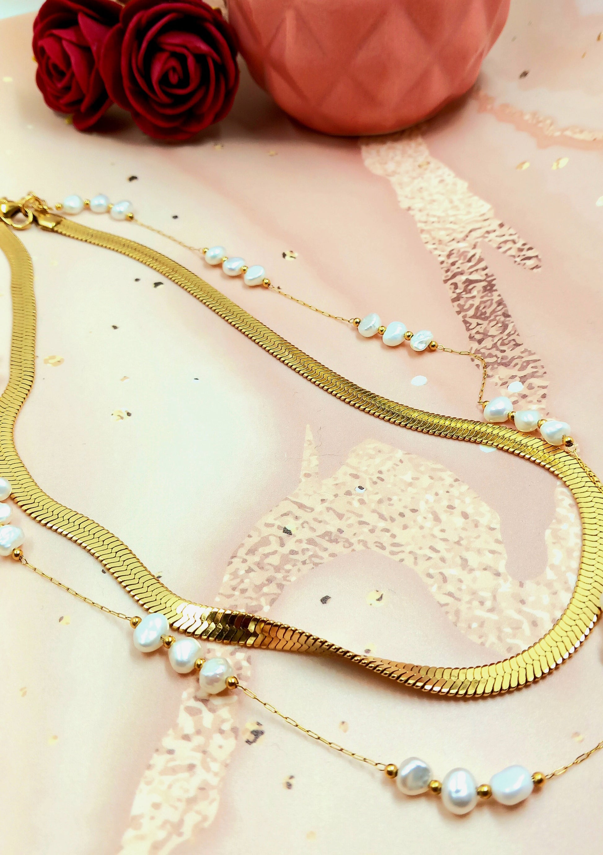 Colliers chaîne double, maille serpentine et chaîne perles de culture en acier inoxydable