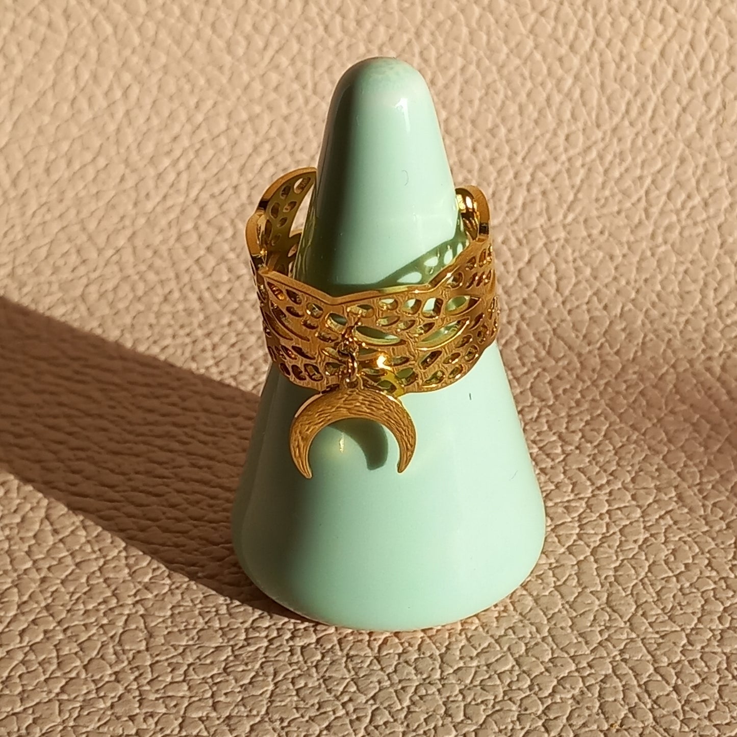 Bague breloque lune en acier inoxydable doré 